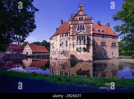 Vischering ormeggiato castello con edifici agricoli in estate, Lüdinghausen, distretto di Coesfeld, Münsterland, Renania settentrionale-Vestfalia, Germania Foto Stock