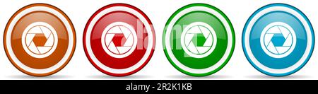 Otturatore fotografico, fotocamera, fotografia icone lucide, set di pulsanti dal design moderno per web, Internet e applicazioni mobili in quattro colori opzioni isolare Foto Stock