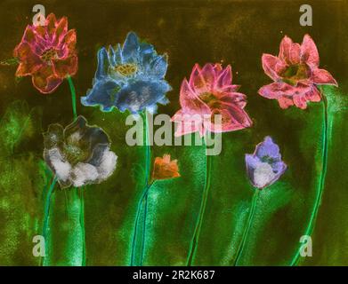 Fiori di lotteria luminati di notte. La tecnica di dabbing vicino ai bordi fornisce un effetto di messa a fuoco morbido dovuto la ruvidità della superficie alterata della carta Foto Stock