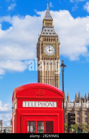 Big ben e telefono rosso, Londra, Inghilterra, Regno Unito Foto Stock