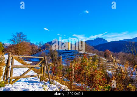 Vigneto e porta con neve in inverno e Sunbeam in collina d'oro con montagna in Lugano, Ticino in Svizzera. Foto Stock