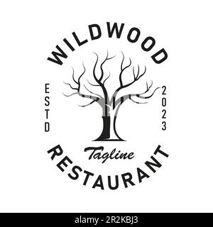 Logo vintage retrò senza foglie, ispirato all'albero autunnale per il design del logo Bar Cafe Restaurant Pub Nightclub Illustrazione Vettoriale