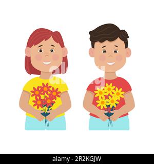Giorno dei bambini, bambini gioiosi con fiori nelle loro mani. Illustrazione del vettore piatto Illustrazione Vettoriale