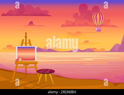 Rosa tramonto sopra oceano piatto vettore illustrazione Illustrazione Vettoriale