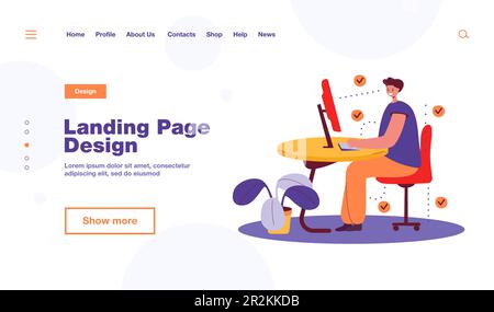 Uomo che mostra la posizione corretta per sedersi alla scrivania Illustrazione Vettoriale