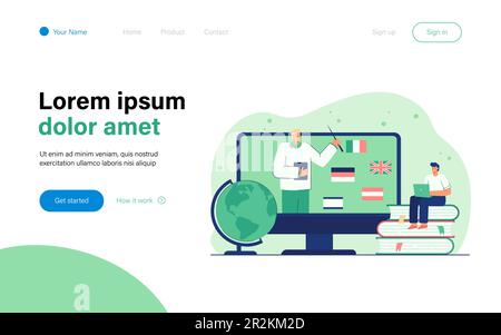 Un piccolo uomo che impara le lingue straniere online Illustrazione Vettoriale