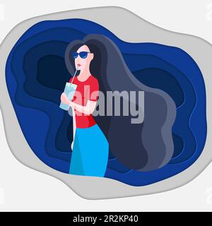 Bella ragazza dinamica con acqua. Concetto di stile di vita sano. Illustrazione di cartoni animati vettoriali isolati su sfondo bianco. Donna che beve un bicchiere di wate Illustrazione Vettoriale