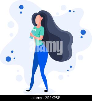 Bella ragazza dinamica con acqua. Concetto di stile di vita sano. Illustrazione di cartoni animati vettoriali isolati su sfondo bianco. Donna che beve un bicchiere di wate Illustrazione Vettoriale