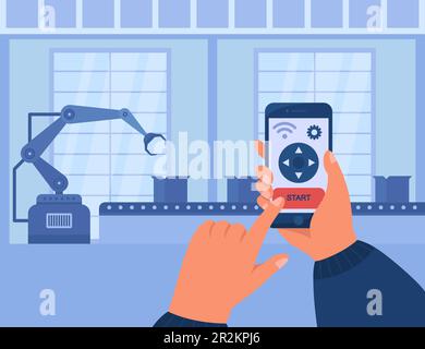 Mani che tengono in mano lo smartphone e gestiscono Conveyor tramite app Illustrazione Vettoriale