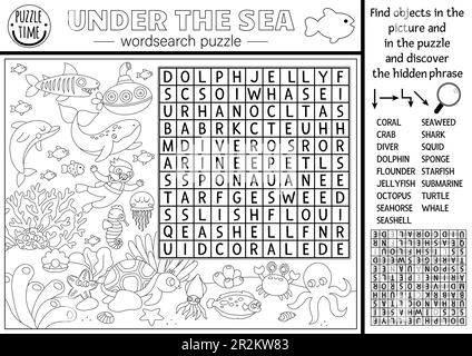 Vettore bianco e nero sotto il mare parola puzzle di ricerca per bambini. Semplice quiz di ricerca di parola della linea di vita dell'oceano per i bambini. Acqua animali e pesci educati Illustrazione Vettoriale