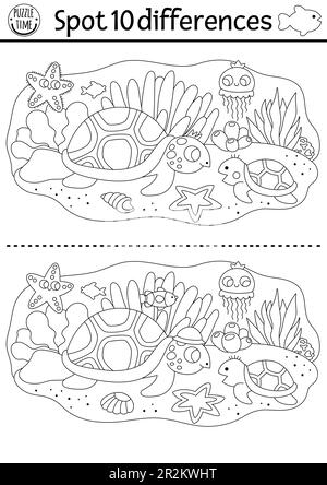 Trova gioco differenze per i bambini. Attività educativa in bianco e nero con belle tartarughe, baby e paesaggi marini. Puzzle linea vita Ocean per bambini w Illustrazione Vettoriale