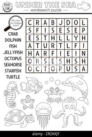 Vettore bianco e nero sotto il mare parola puzzle di ricerca per bambini. Semplice linea oceano vita parola quiz di ricerca. Water animali e pesci atto educativo Illustrazione Vettoriale