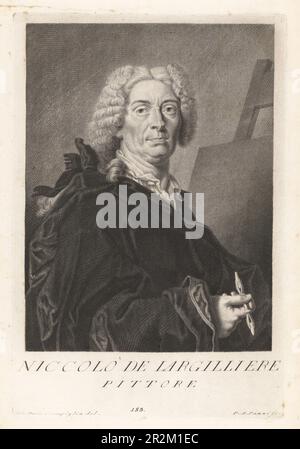 Nicolas de Largillière, pittore francese ritratto e pittore storico, nato a Parigi, 1656-1746. In parrucca in polvere prima di una tela e cavalletto che tiene un porta gesso a doppia estremità. Niccolo de Largilliere, Pittore. Incisione in copperplate di Pietro Antonio Pazzi dopo Giovanni Domenico Campiglia dopo un autoritratto dell'artista del Museo Florentino di Francesco Moucke, Serie di Ritratti de Pittori (Serie di ritratti di pittori) stamperia Mouckiana, Firenze, 1752-62. Foto Stock