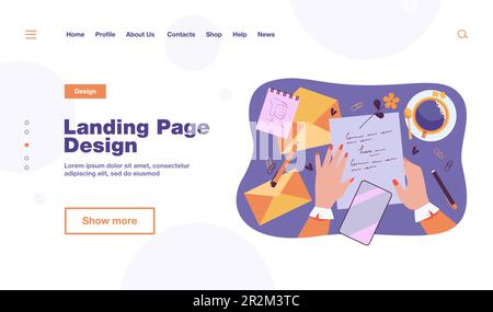 Mani di lettera di scrittura del carattere alla scrivania con i fogli Illustrazione Vettoriale