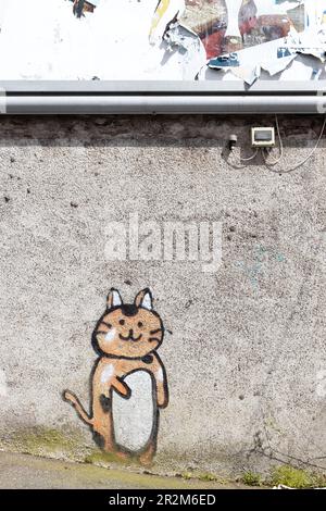 Un gatto dipinto sul lato di un edificio sotto un pannello da cartellone a Cork, Irlanda. Foto Stock