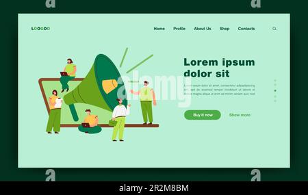 Cartoni animati piccoli gestori con altoparlante gigante e notebook Illustrazione Vettoriale