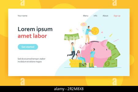 Gente piccola che risparmia i soldi in banca del piggy Illustrazione Vettoriale