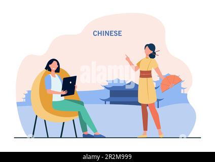 Ragazza che impara il cinese con il tutor Illustrazione Vettoriale