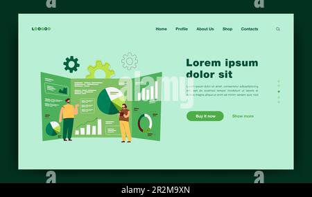 Cartoon piccoli analisti e gigantesco dashboard di ricerca con dati Illustrazione Vettoriale