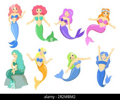 Belle illustrazioni sirena in stile cartoon Illustrazione Vettoriale