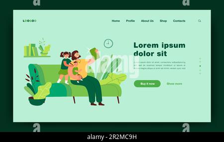 Madre sorridente che prende selfie con i bambini al telefono Illustrazione Vettoriale