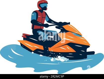 disegno di un uomo che guida una moto d'acqua su bianco Illustrazione Vettoriale