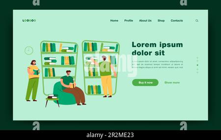 Persone sedute alle librerie e leggendo libri in libreria Illustrazione Vettoriale