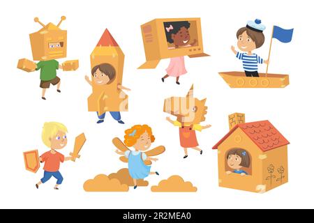 I bambini fanno i costumi da set di illustrazioni vettoriali di scatole Illustrazione Vettoriale