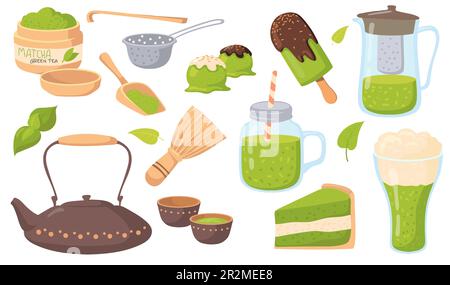 Prodotti con set di illustrazioni vettoriali di sapore di tè Matcha Illustrazione Vettoriale