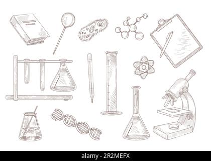 Set di disegni incisi di simboli della scienza Illustrazione Vettoriale