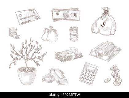Set di disegni incisi di simboli di ricchezza finanziaria Illustrazione Vettoriale