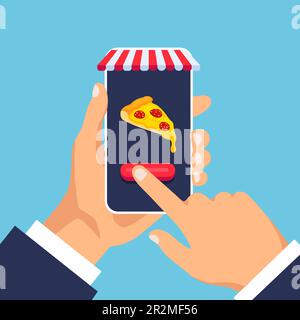 La mano tiene lo smartphone e ordina la pizza online. Fare clic sul display del telefono. Acquista online. Consegna di cibo. Illusione vettoriale. Illustrazione Vettoriale