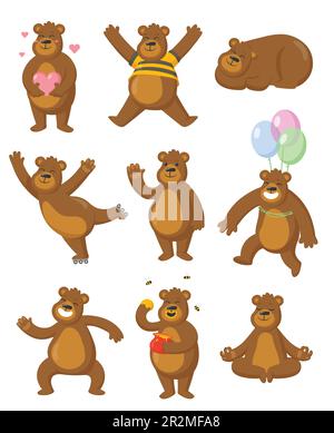Le illustrazioni degli orsi bruni sono allestite in stile cartoon Illustrazione Vettoriale