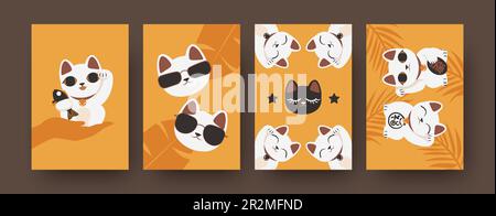 Collezione di manifesti d'arte con gatti giapponesi in colori luminosi Illustrazione Vettoriale