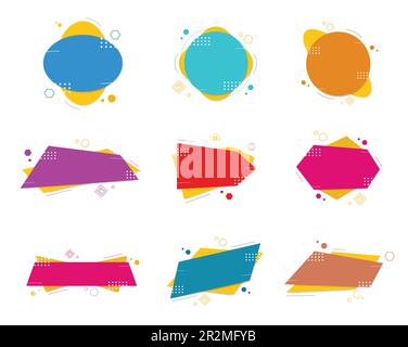 Set di diverse caselle di testo colorate forma striscioni piatti geometrici, forme astratte moderne per promozione vendita. Illustrazione Vettoriale