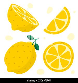 Limone disegnato a mano. Metà di limone, Slice. Illustrazione vettoriale colorata in stile piatto Illustrazione Vettoriale