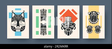 Set di poster di arte contemporanea con maschere tradizionali Illustrazione Vettoriale
