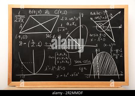 Diverse formule matematiche scritte con il gesso sulla lavagna Foto Stock