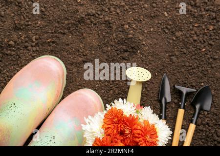 Attrezzi da giardinaggio, stivali e fiori su terreno fresco, piatto. Spazio per il testo Foto Stock