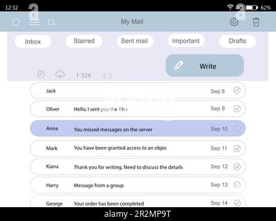 Interfaccia della mailbox, illustrazione. Account utente con e-mail Foto Stock