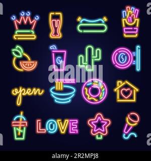 Icone neon impostate. Segnali luminosi. Icone luminose del bar, cocktail del casinò ed elementi di testo, forme dai colori brillanti, logo d'arte del night club retrò. Microfono karaoke, n. Illustrazione Vettoriale