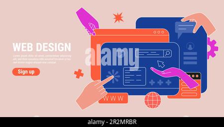 Web design agenzia. Riprogettazione del sito Web UI UX. Creazione della pagina dell'app. Contenuti creativi per le applicazioni. Creazione atterraggio. Conc. Ingegneria finestre browser computer Illustrazione Vettoriale