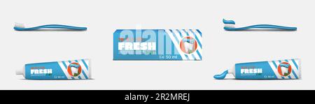 Pacchetto di dentifricio realistico, spazzolino da denti con pasta. scatola da 3d provette, spazzola igienica, cura della bocca del dentista, unguento orale. Foglie di menta e dente sulla confezione Illustrazione Vettoriale