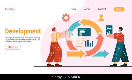 Gestione di software agile. Pagina di destinazione. Metodologia di sviluppo. App di gestione efficiente. Persone in ufficio. Infografica sul ciclo. Diagramma del flusso di lavoro. Busi Illustrazione Vettoriale
