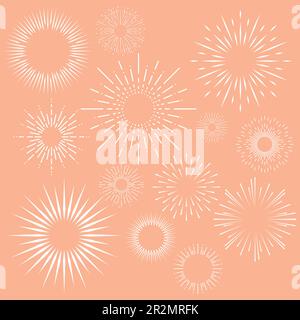 Fuochi d'artificio. Linee bianche cerchi cornici radiali decorative per poster banner e carte decorazione, collezione di elementi isolati starburst. Symbo esplosione Illustrazione Vettoriale