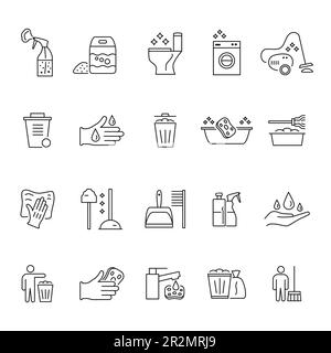 Servizio di pulizia. Icone della linea domestica. Asciugare la polvere. Aspirazione e pulizia. Flacone spray detergente. Attrezzature igieniche per il bucato. Scoop e scopa. Ho Illustrazione Vettoriale