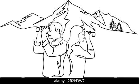 Uomo e donna che guardano in lontananza con binocoli sulle montagne. Disegno continuo a una linea. Concetto di ricerca della verità. Design a linea singola ve Illustrazione Vettoriale
