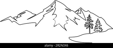 Paesaggio montano con abeti. Disegno continuo a una linea. Concetto di Viaggi. Grafica minimalista. Illustrazione vettoriale nero su bianco Illustrazione Vettoriale