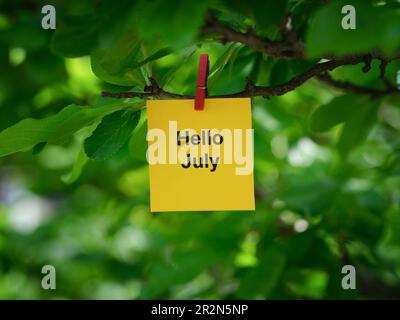 Una nota di carta gialla con le parole Ciao luglio su di essa allegata ad un ramo d'albero con un spilla vestiti. Primo piano. Foto Stock