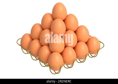 Uova brune grezze biologiche in vassoio di metallo o cartone di carta su fondo bianco. 3d resa di uova fresche di pollo per omelette o uova fritte strapazzate fo Foto Stock